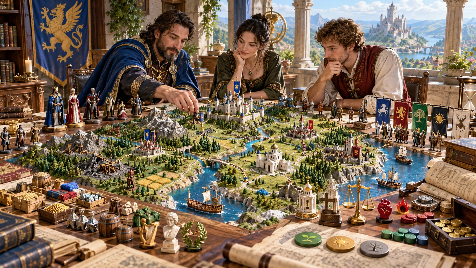 Fantasy illustration of three advisers arranging a miniature realm with settlements and heraldic banners