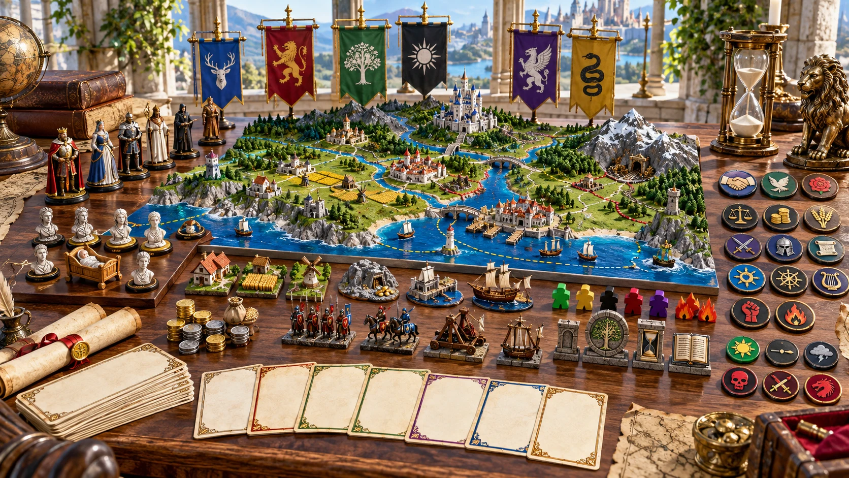 Fantasy illustration of a realm model surrounded by heraldic banners, notes and preparation tokens