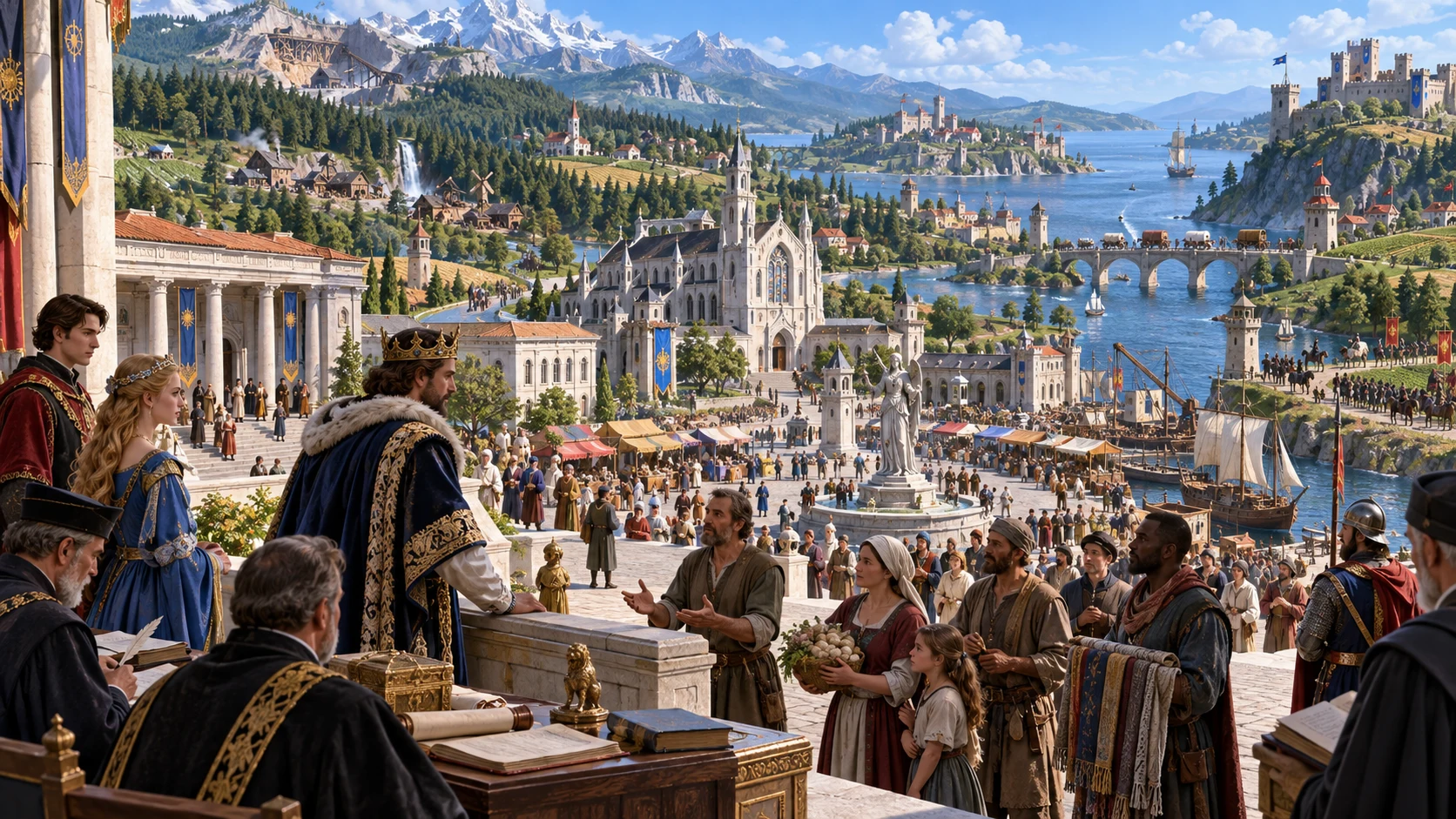 Fantasy illustration of a royal court meeting townspeople beside a river city and mountain provinces
